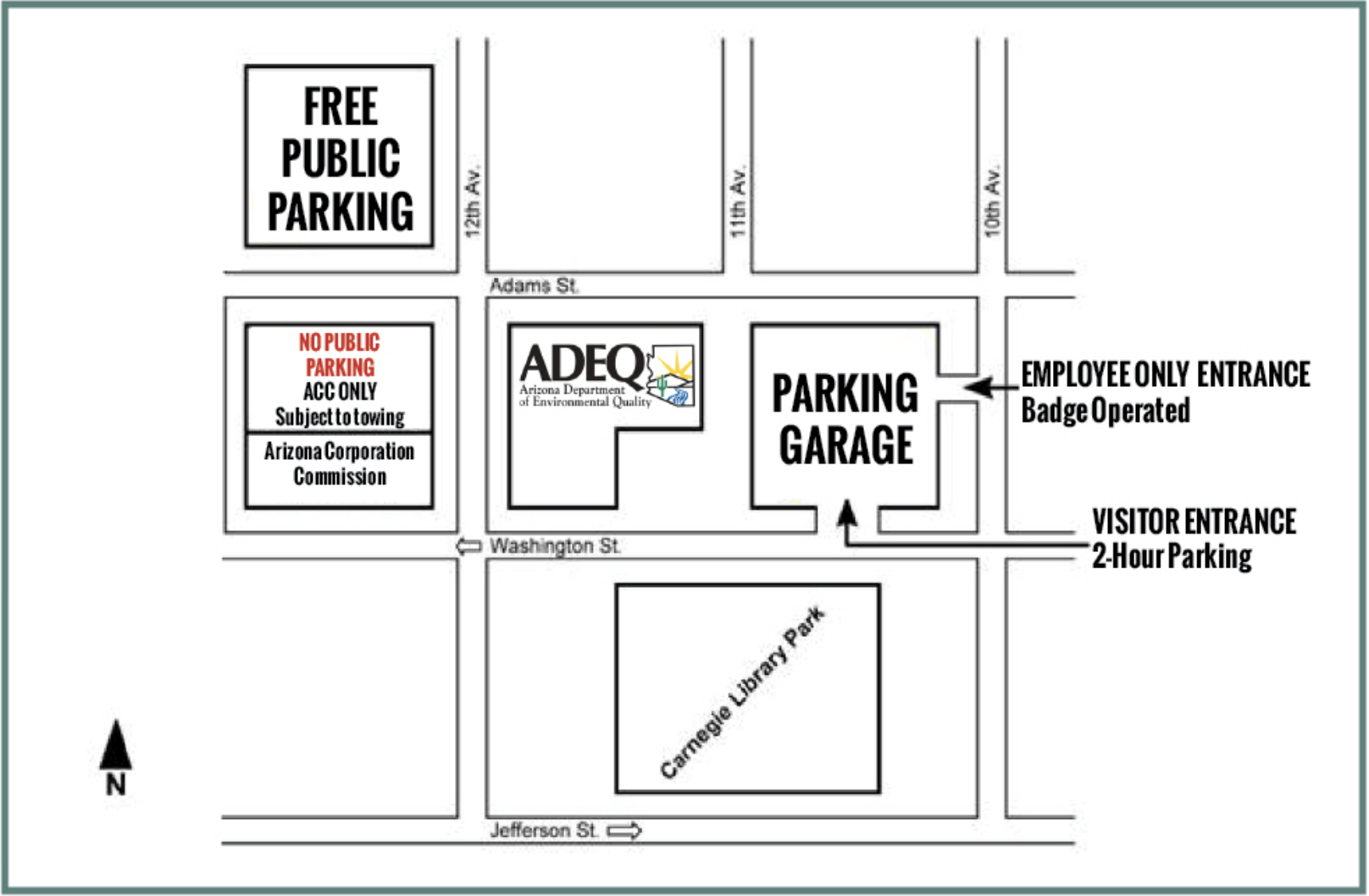 Street map showing ADEQ Visitor Parking located off of Adams Street and 10th Ave in Downtown Phoenix,AZ