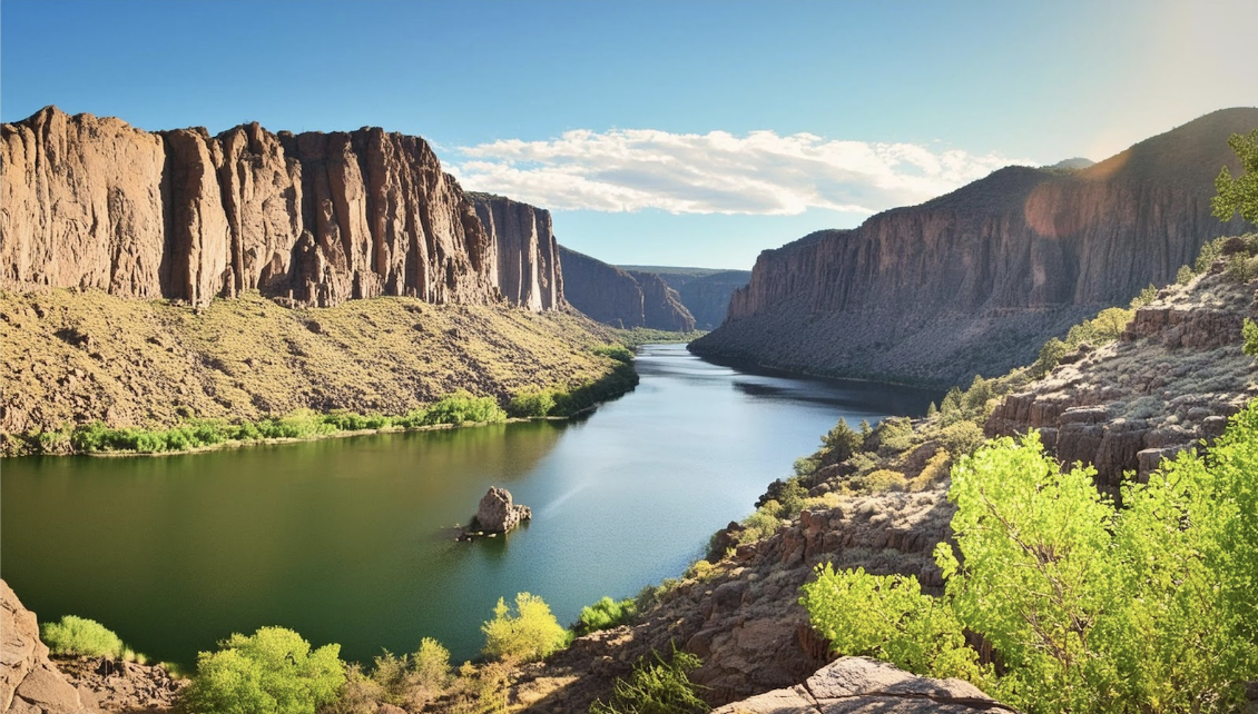  Sunny day in the Grand Canyon with rivers and mountains, and trees surrounding it. The point of view is coming from inside the canyon. 